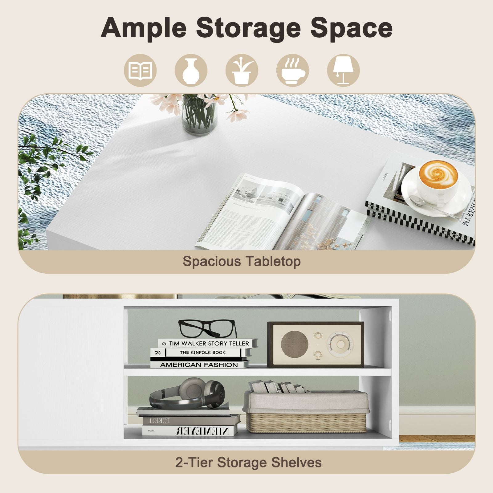 Modern Rectangle Coffee Table with 2-Tier Open Storage Shelves