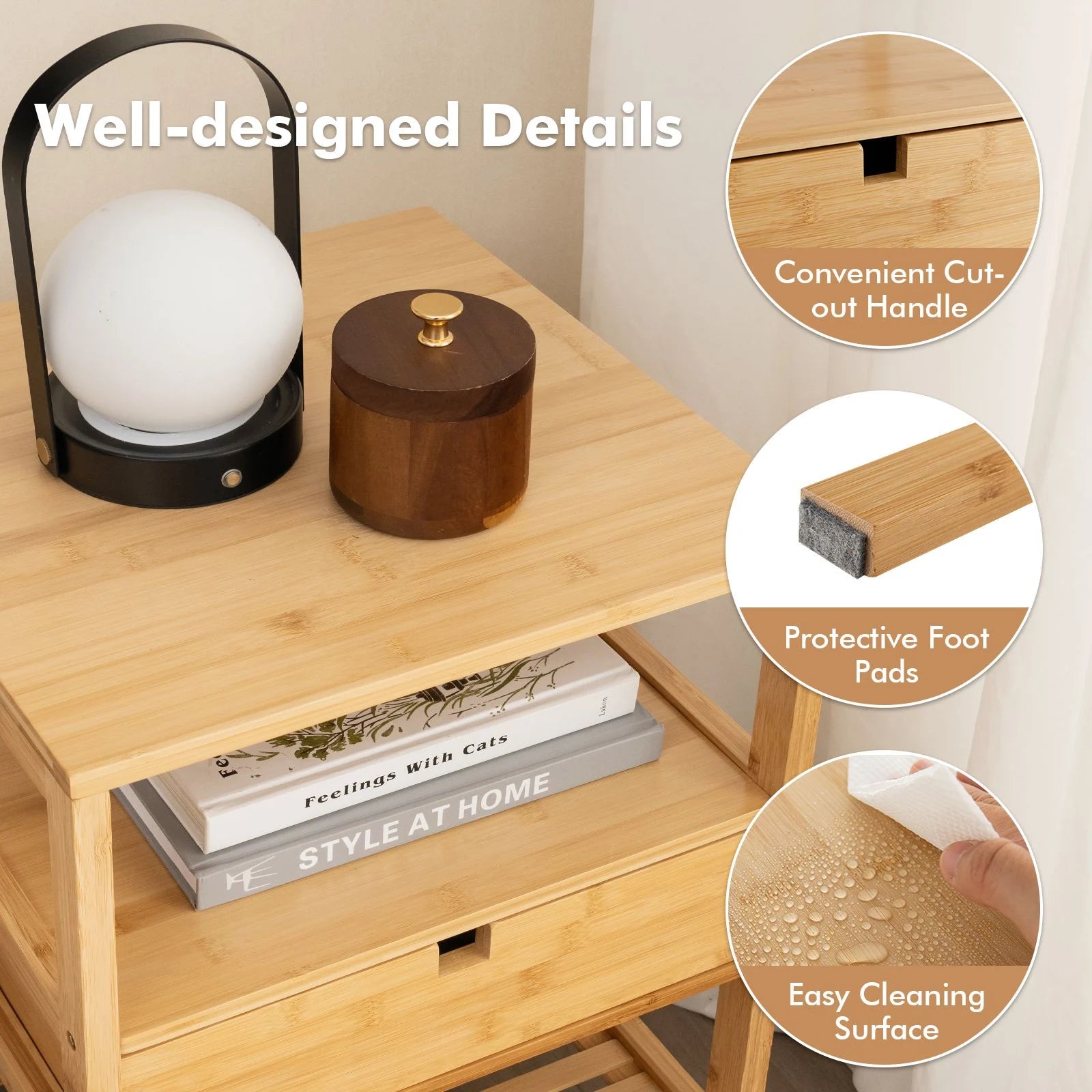 Set of 2 Multipurpose Bamboo Nightstand with Storage Drawer and Slatted Shelf