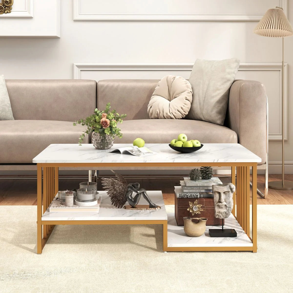 Faux Marble Coffee Table with Open Storage Shelf
