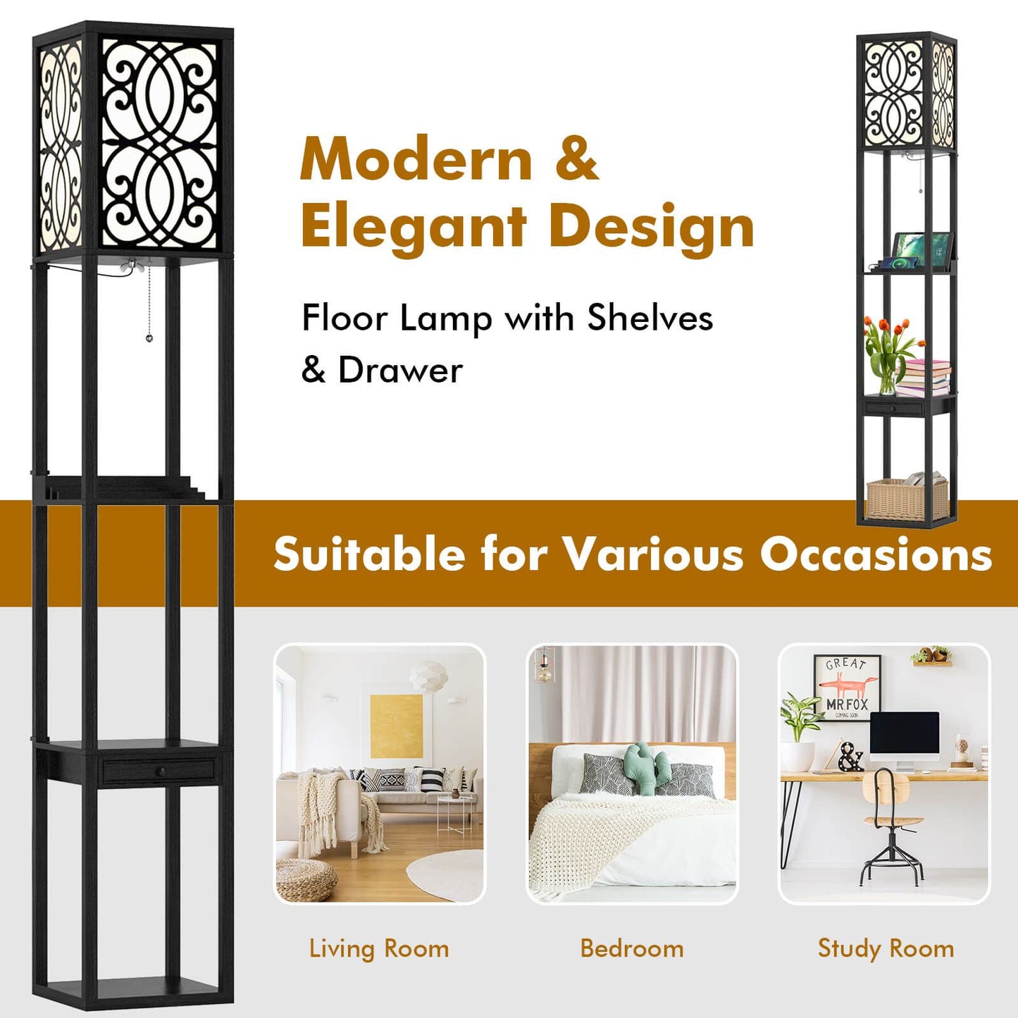 3-Layers Free-Standing Light with 2 USB Charging Ports and Storage Drawer