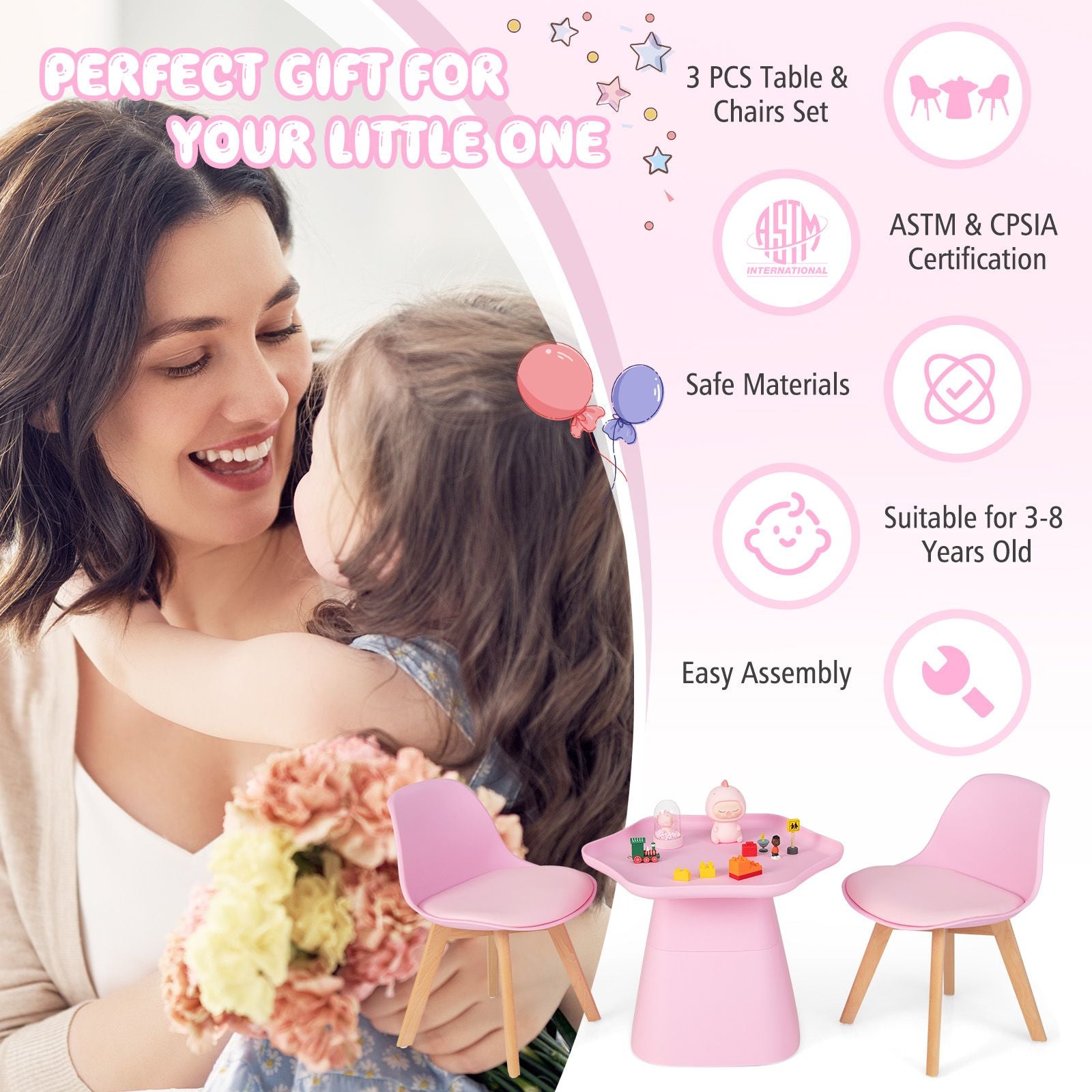 Toddler Activity Play Table with Backrest, Padded Seat and Concave Tabletop