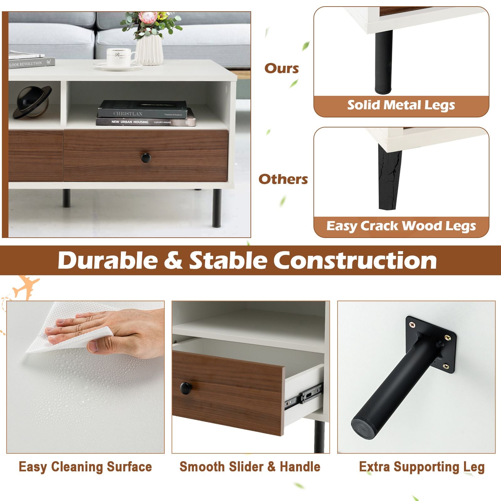 Rectangle Sofa Tea Table with Sturdy Metal Legs for Home Office