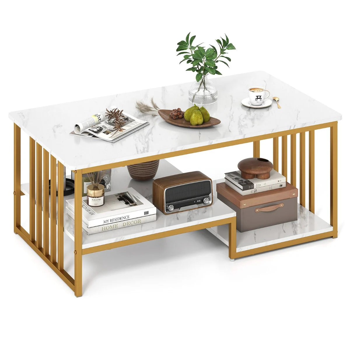 Faux Marble Coffee Table with Open Storage Shelf