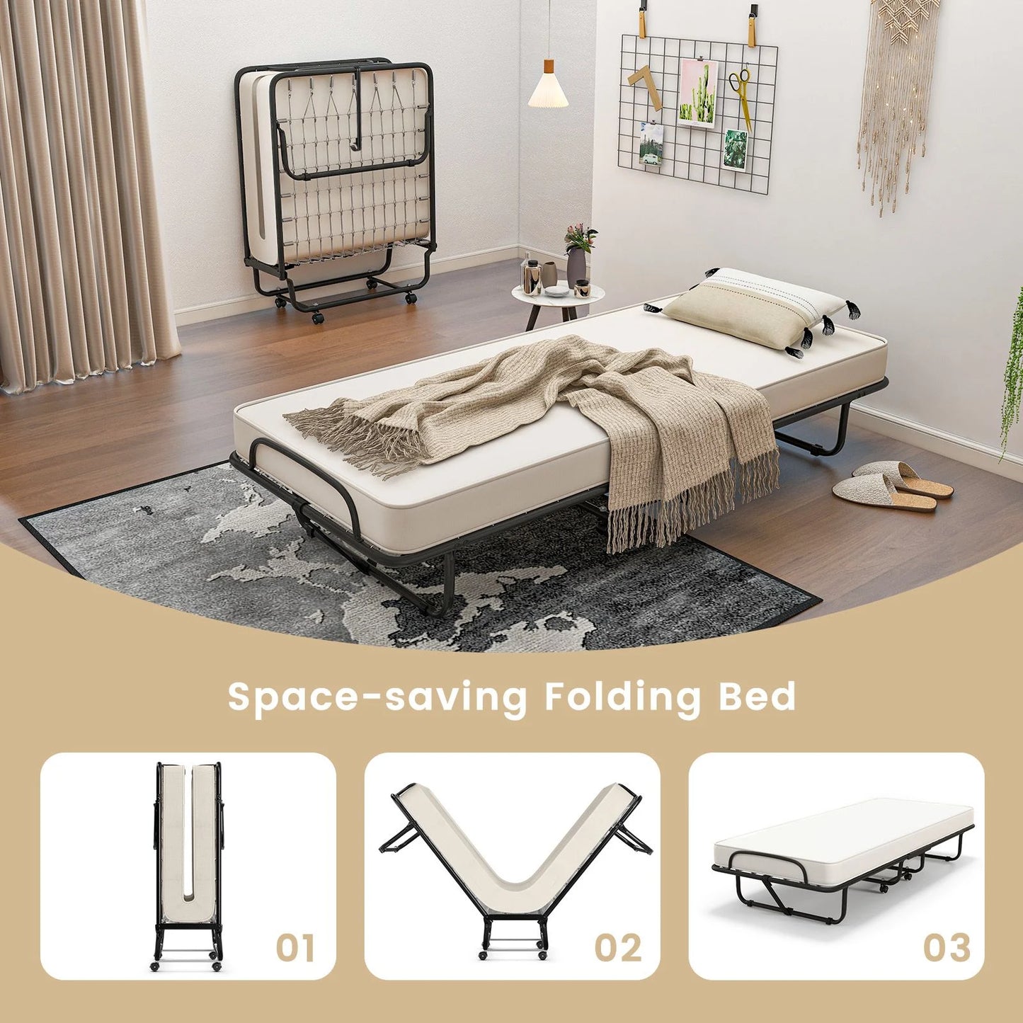 Folding Bed with Memory Foam Mattress with Wheels Made in Italy