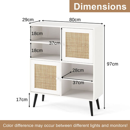 Rattan Sideboard Buffet Cabinet with 4 Cubbies and 2 Rattan-Decorated Doors