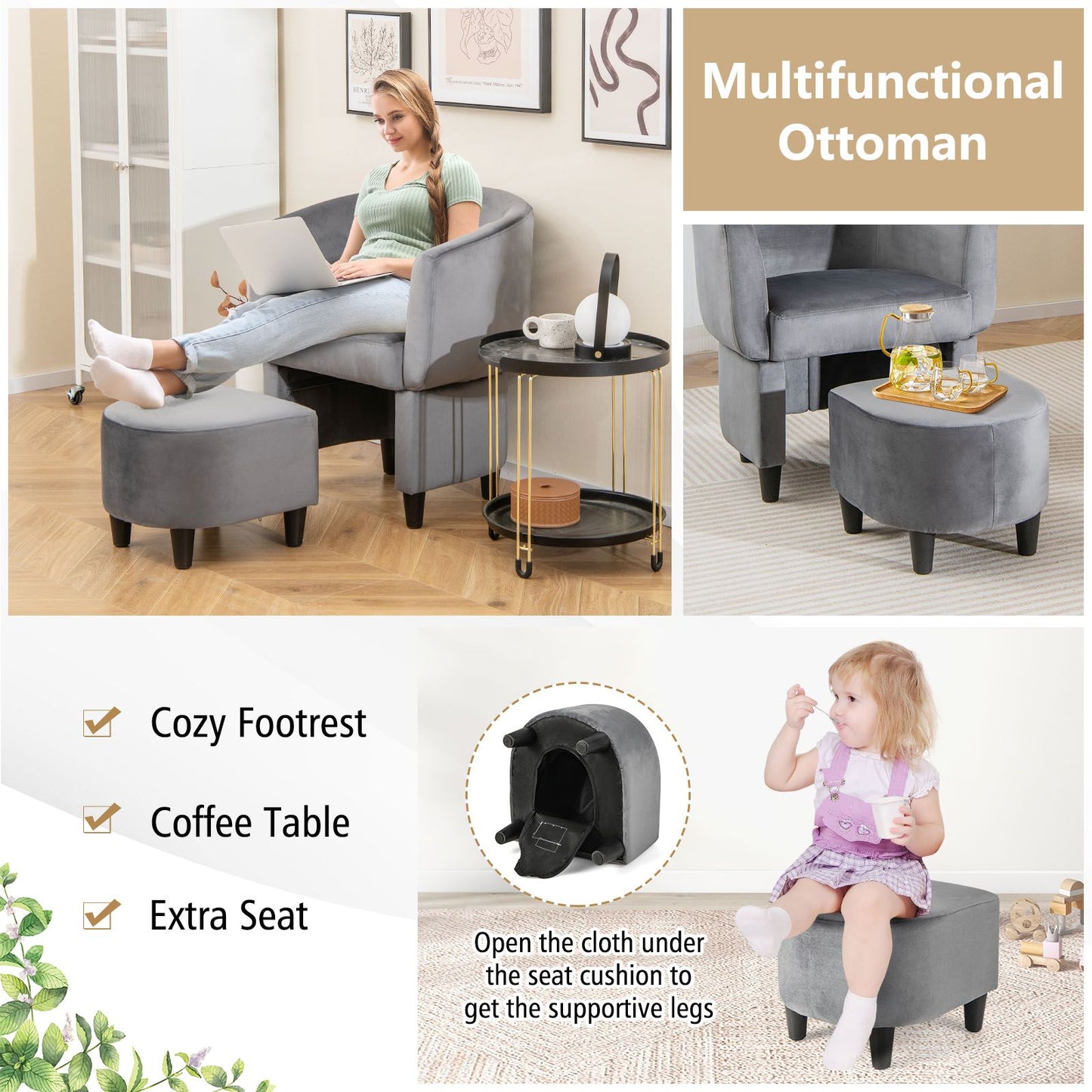 Upholstered Velvet Barrel Chair Modern Club Chair with Ottoman