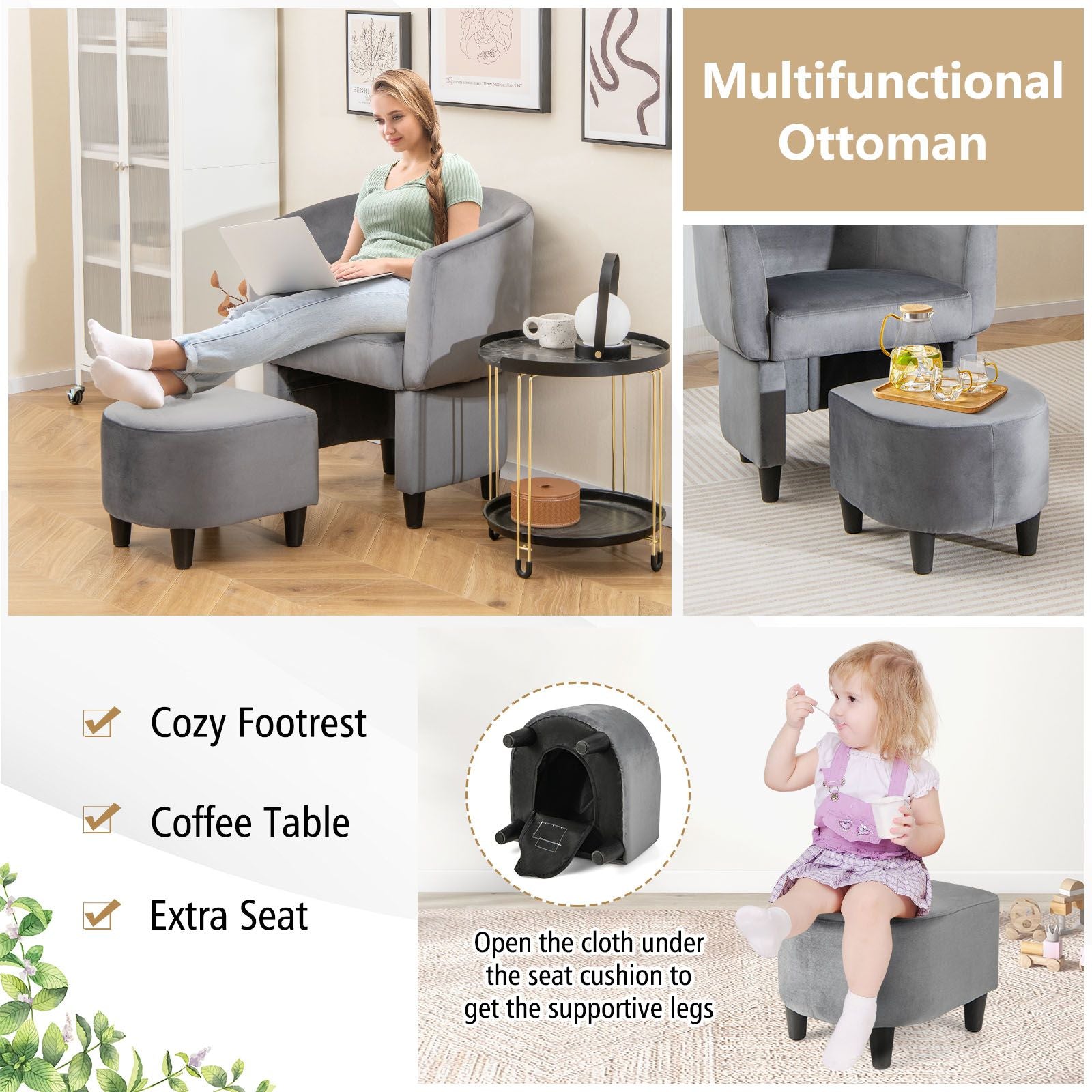 Upholstered Velvet Barrel Chair Modern Club Chair with Ottoman