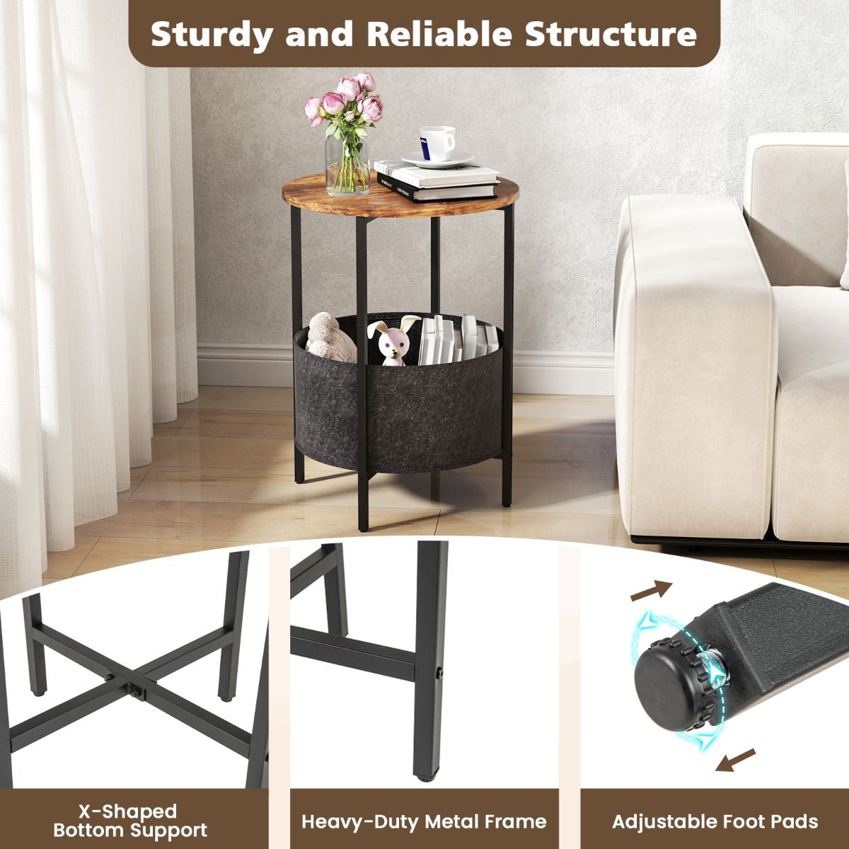 Round End Table for Small Space with Removable Fabric Basket and Metal Frame