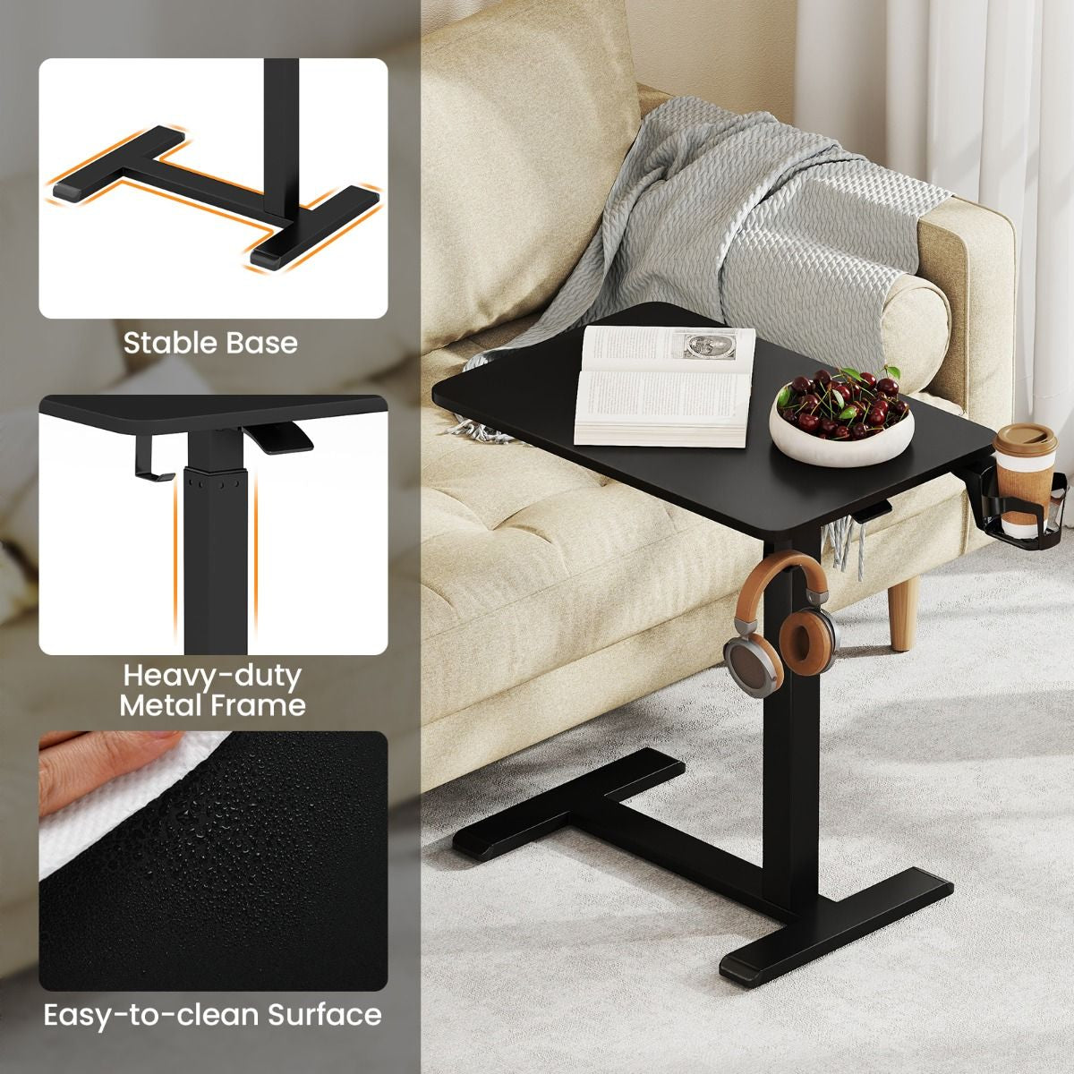 Height Adjustable Overbed Bedside Table with Cup Holder and Headphone Hook