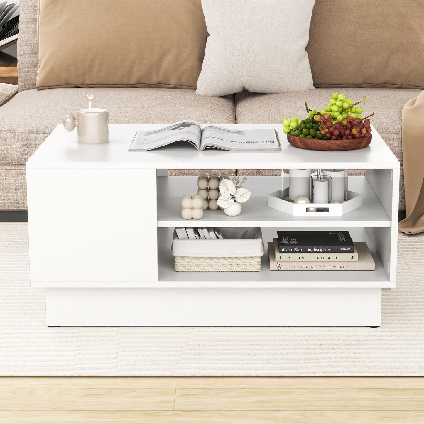 Modern Rectangle Coffee Table with 2-Tier Open Storage Shelves
