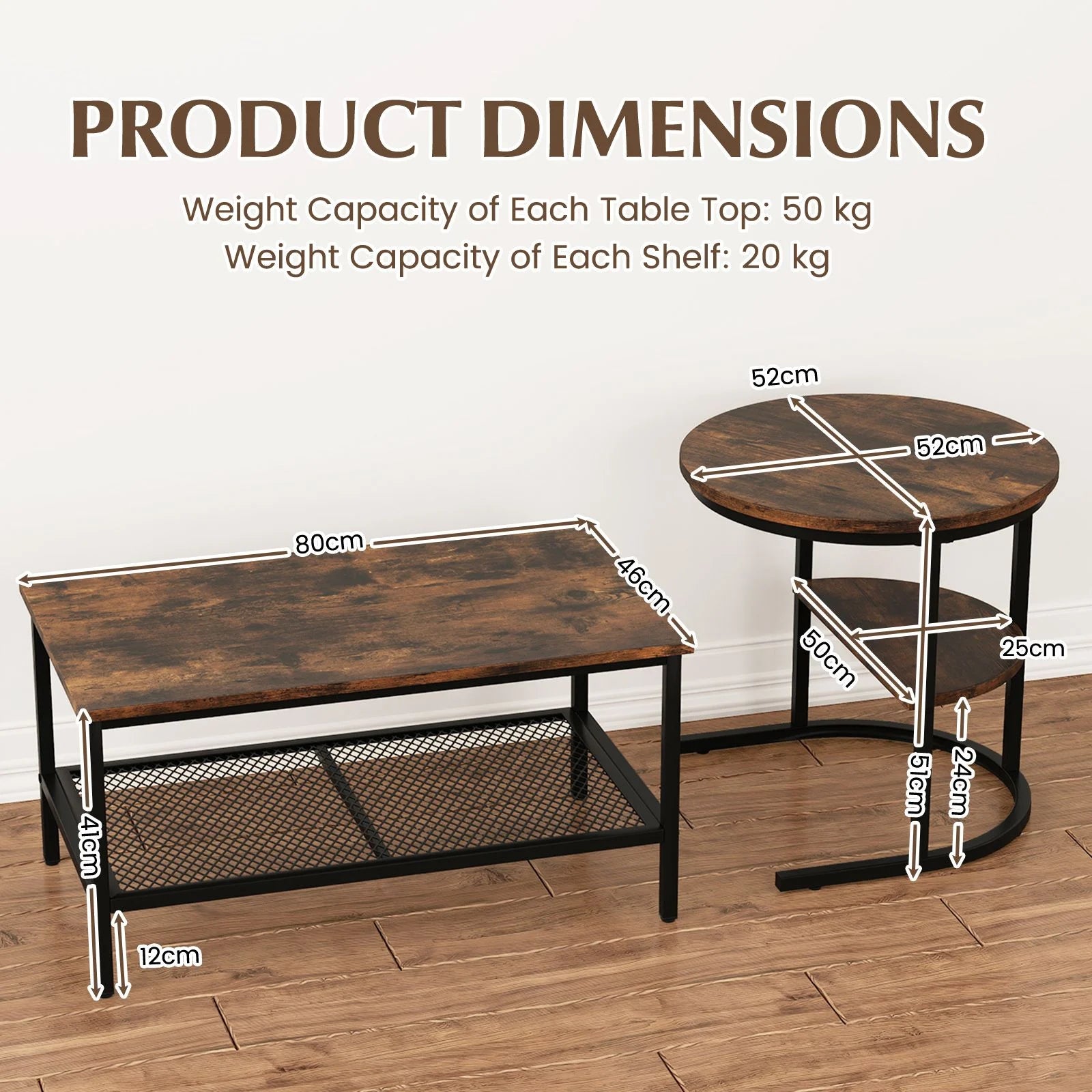 Set of 2 Nesting Coffee Table with Extra Storage Shelf