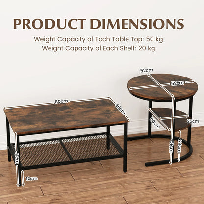 Set of 2 Nesting Coffee Table with Extra Storage Shelf