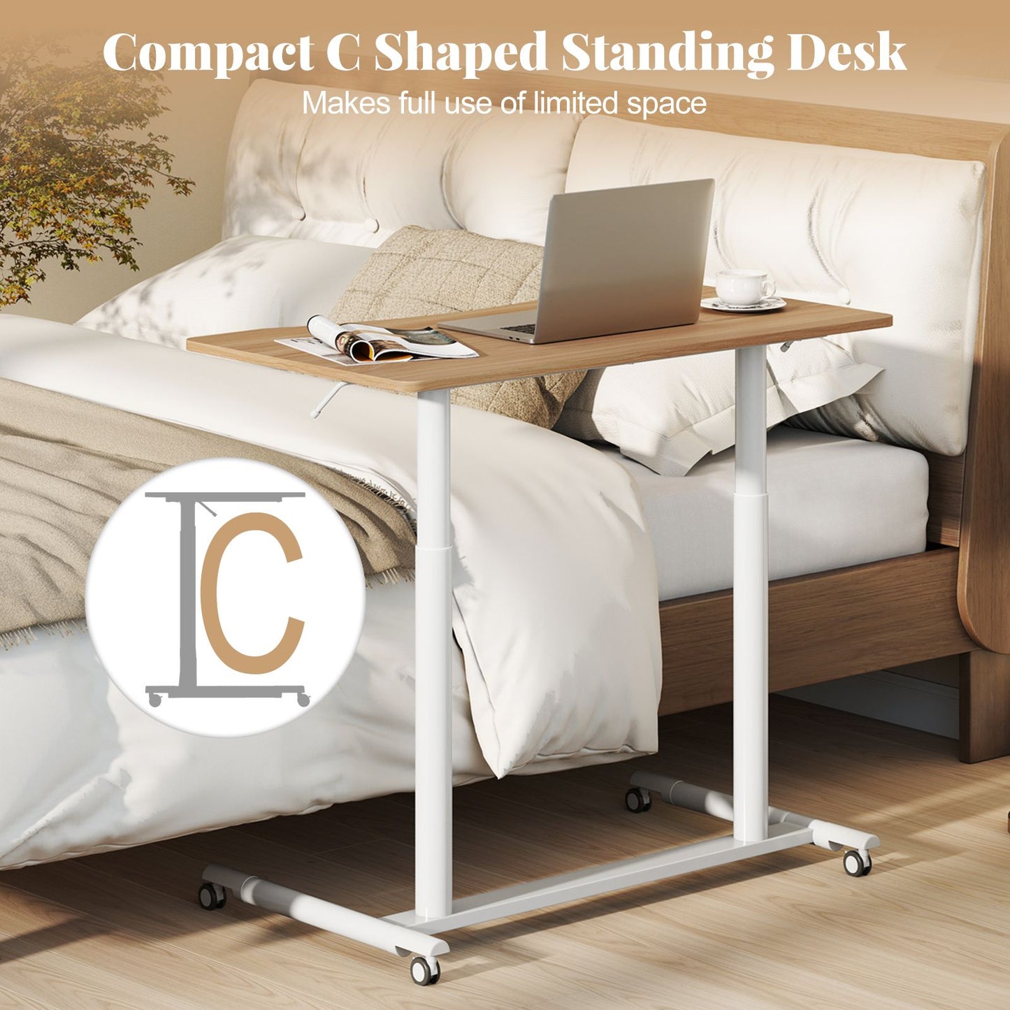 C-Shaped Mobile Standing Desk with Adjustable Height and Lockable Wheels