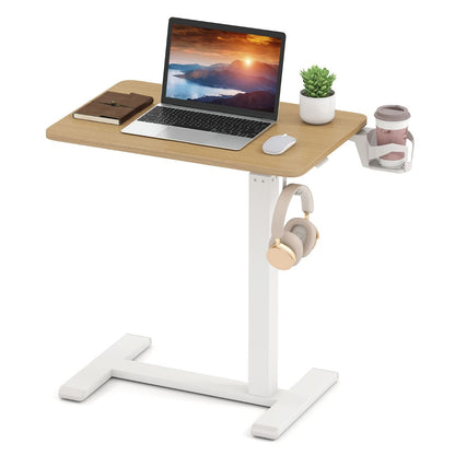 Height Adjustable Overbed Bedside Table with Cup Holder and Headphone Hook