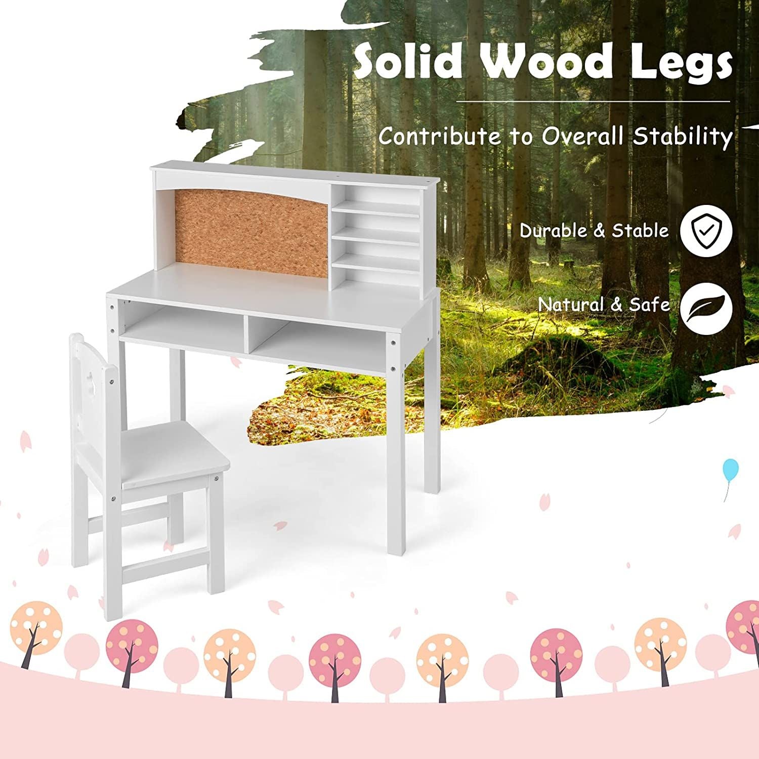 Wooden Kids Desk and Chair Set with Hutch for Studying and Reading