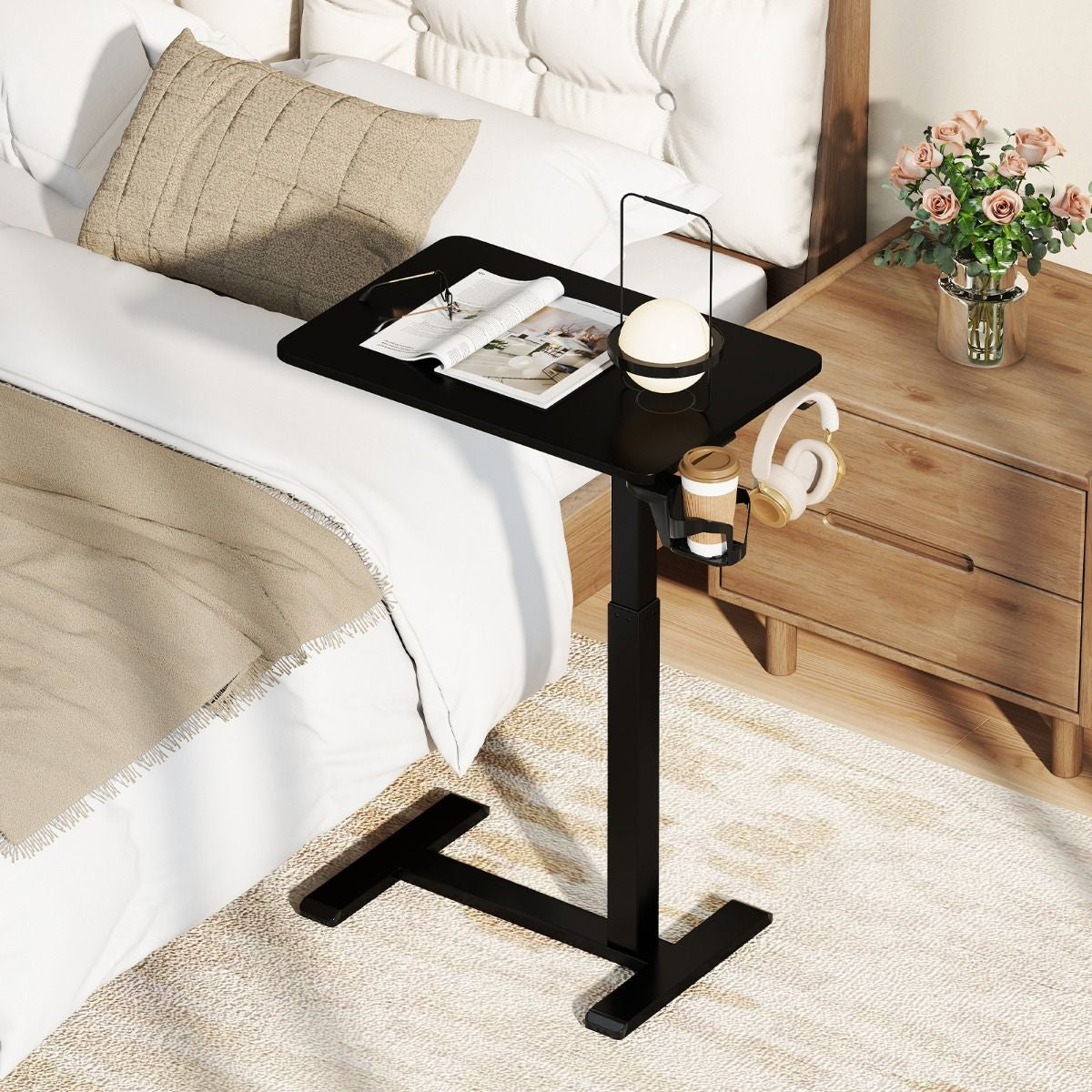 Height Adjustable Overbed Bedside Table with Cup Holder and Headphone Hook
