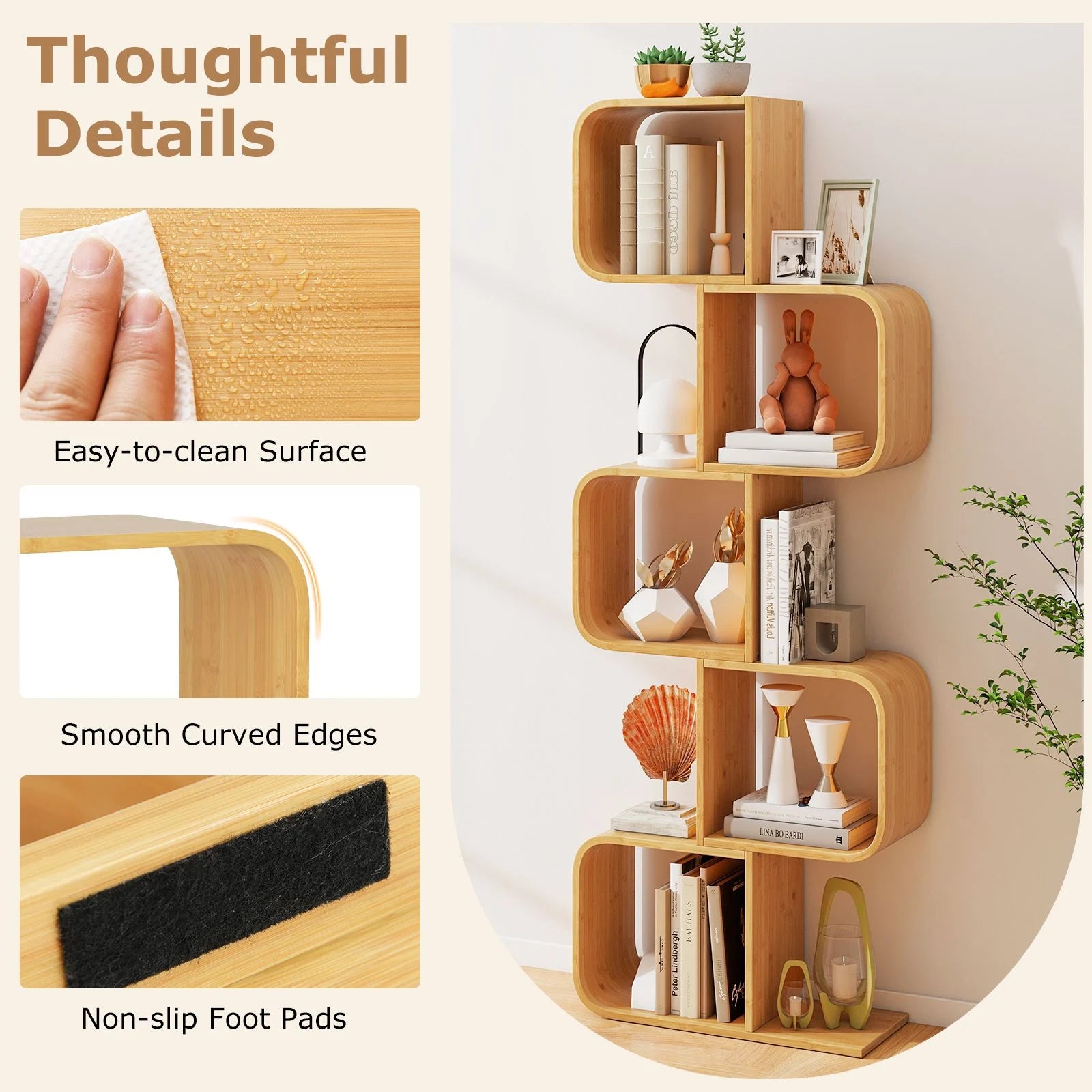 2/3/4/5-Tier S-Shaped Bookcase Bamboo Bookshelf with Open Cubes