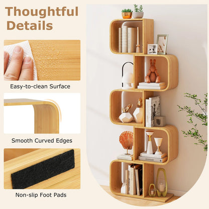 2/3/4/5-Tier S-Shaped Bookcase Bamboo Bookshelf with Open Cubes