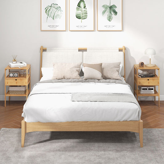 Set of 2 Multipurpose Bamboo Nightstand with Storage Drawer and Slatted Shelf