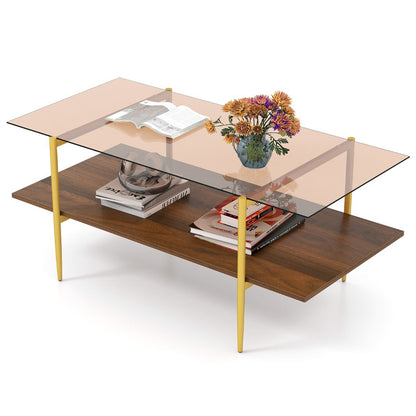 2-Tier Glass Coffee Table with Tampered Glass Tabletop & Open Storage Shelf