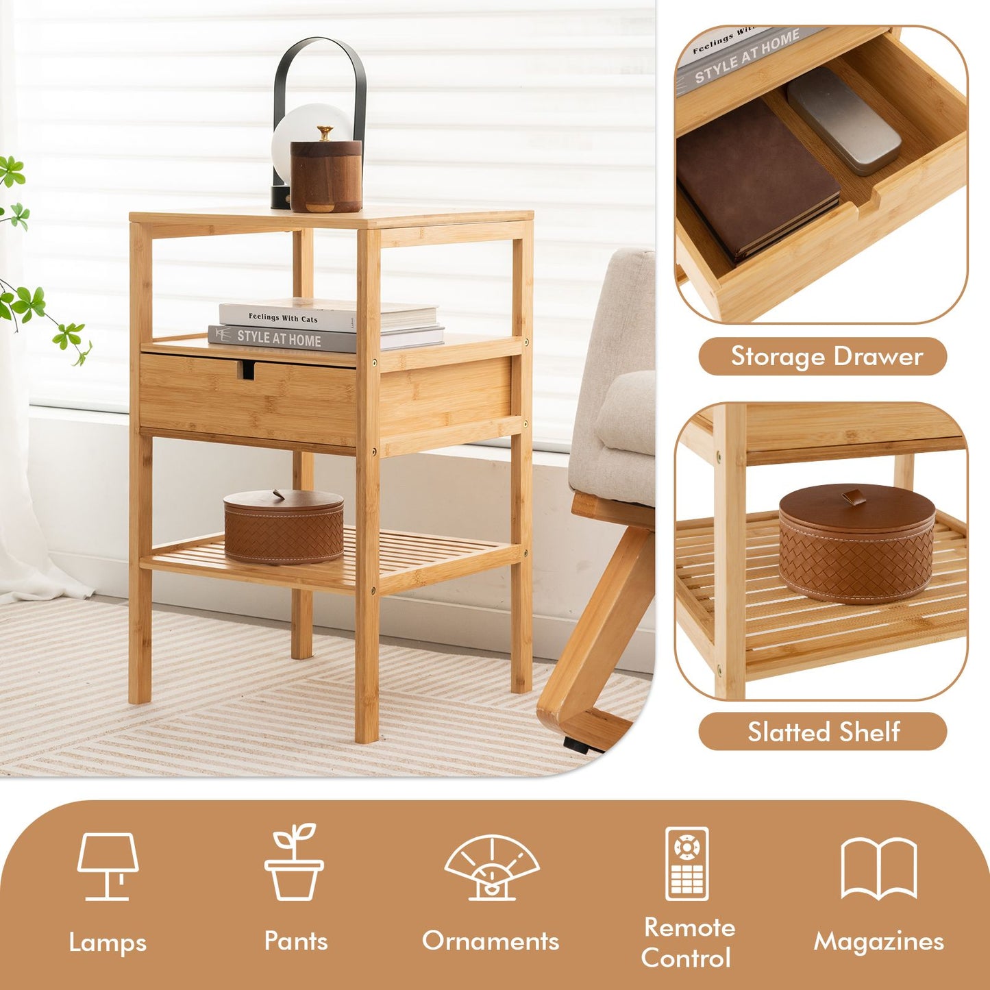 Set of 2 Multipurpose Bamboo Nightstand with Storage Drawer and Slatted Shelf