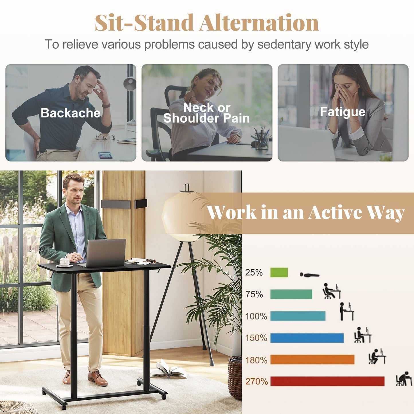 C-Shaped Mobile Standing Desk with Adjustable Height and Lockable Wheels