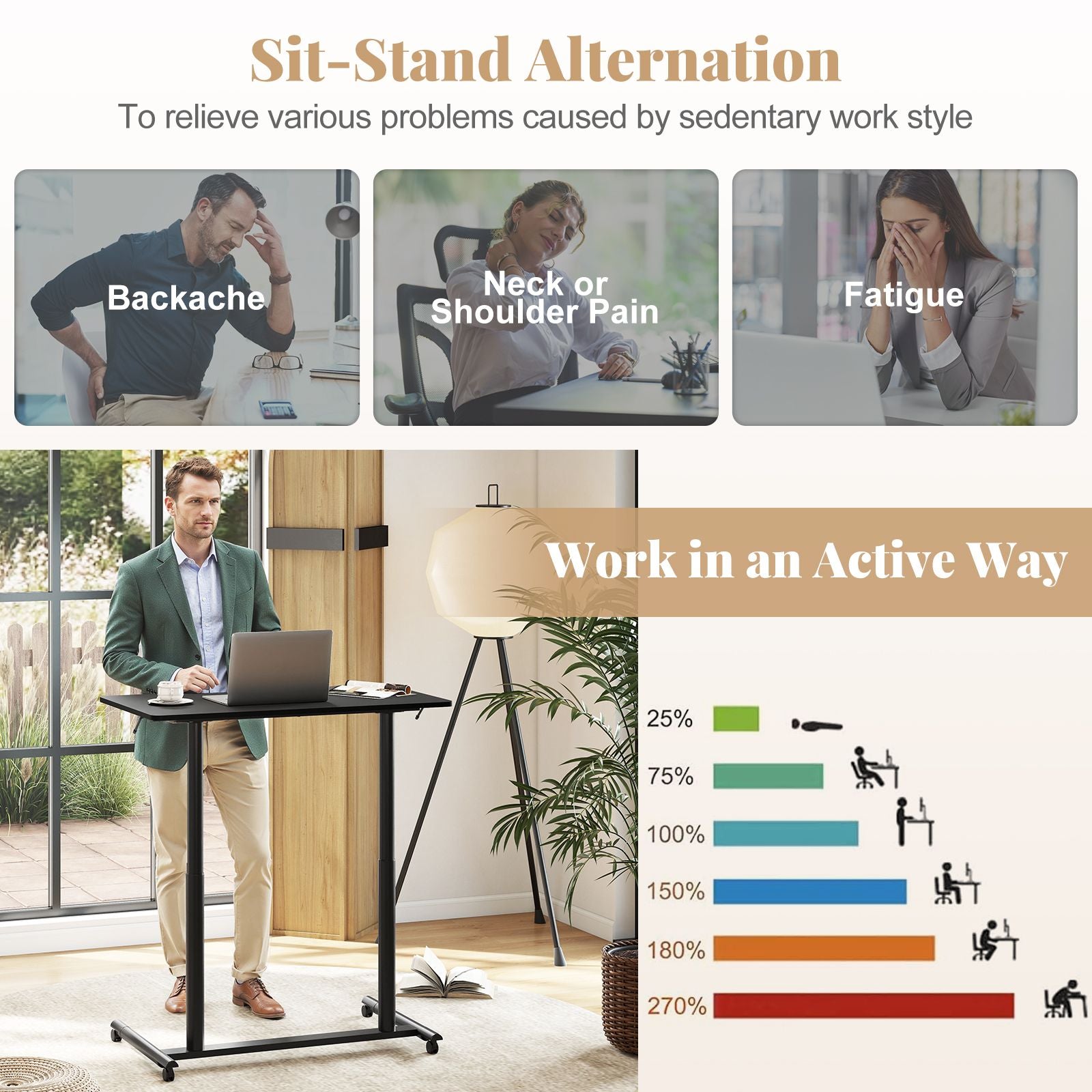 C-Shaped Mobile Standing Desk with Adjustable Height and Lockable Wheels