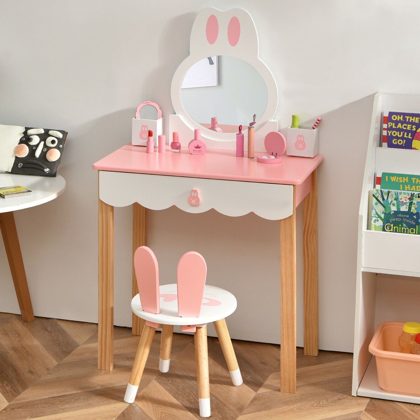 Kids Vanity Table and Chair Pretend Play with Mirror and Drawers