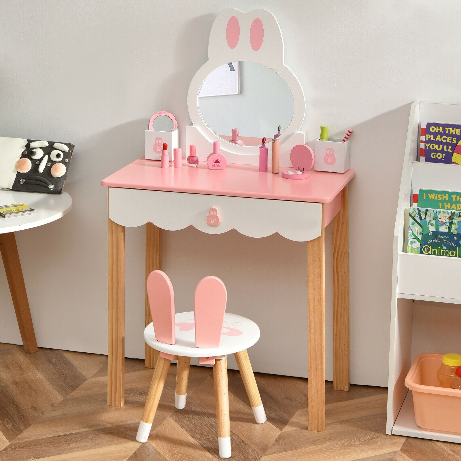 Kids Vanity Table and Chair Pretend Play with Mirror and Drawers