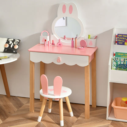 Kids Vanity Table and Chair Pretend Play with Mirror and Drawers