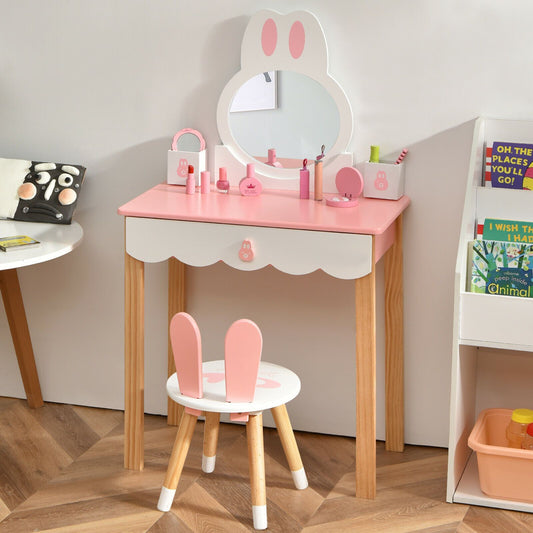 Kids Vanity Table and Chair Pretend Play with Mirror and Drawers