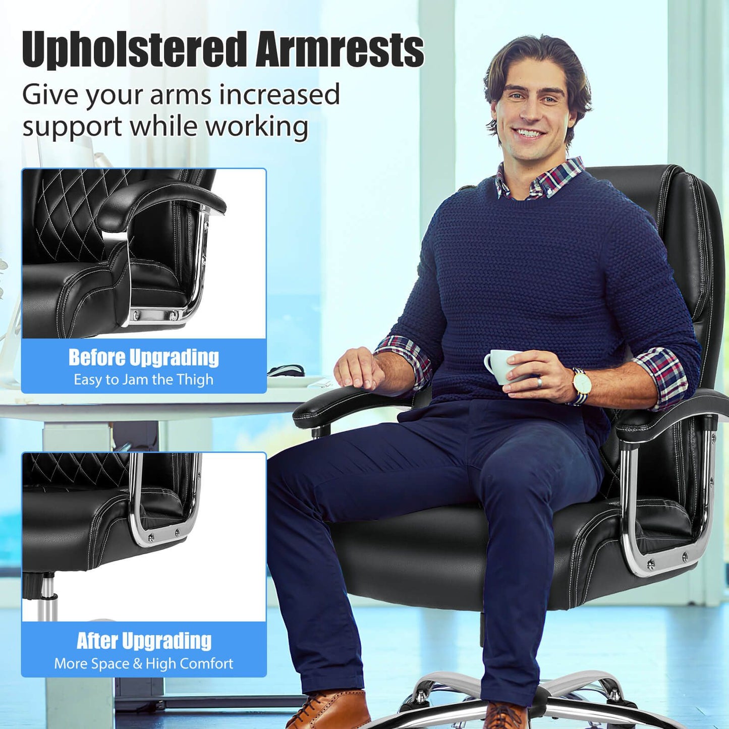 Leather Office Chair with Rocking Mode and Armrests