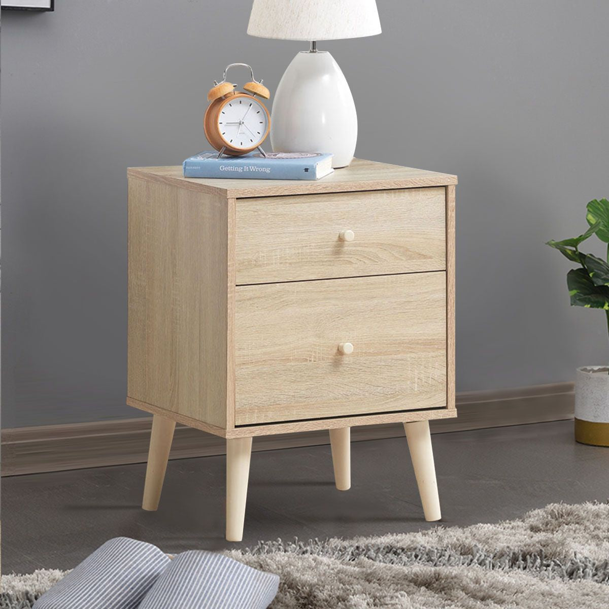 2-Drawer Nightstand with Solid Rubber Wood Legs and Large Storage Space
