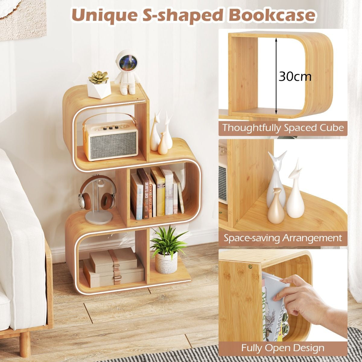 2/3/4/5-Tier S-Shaped Bookcase Bamboo Bookshelf with Open Cubes