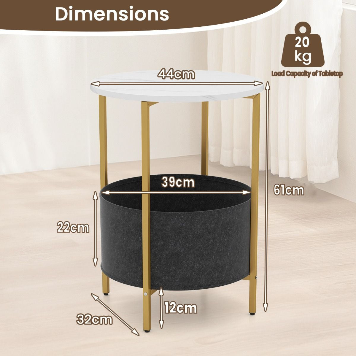 Round End Table for Small Space with Removable Fabric Basket and Metal Frame