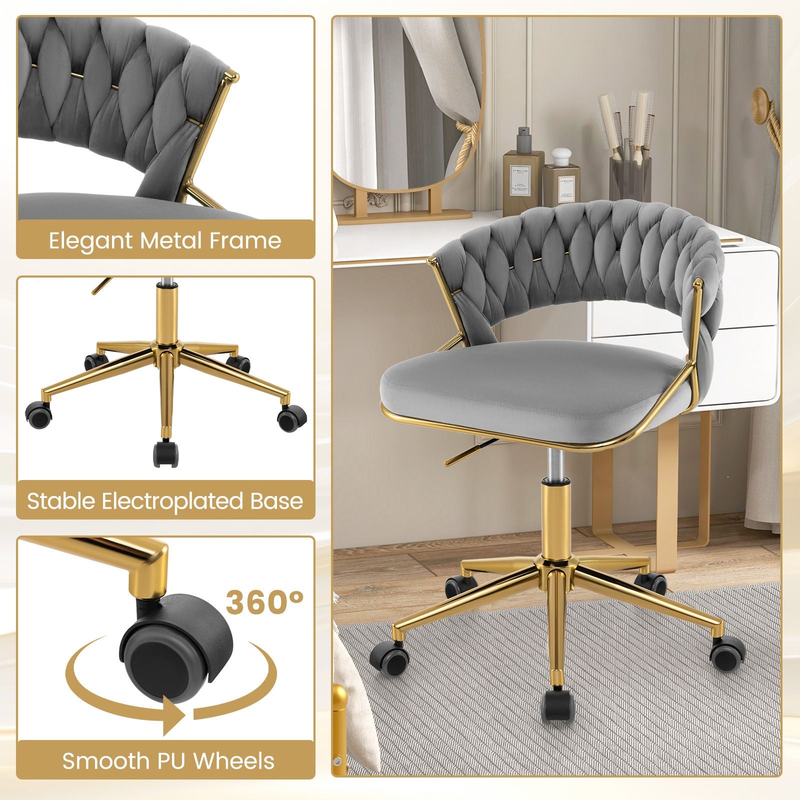 360° Swivel Home Office Desk Chair Set of 2 with Hand-Woven Back