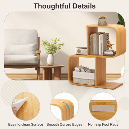 2/3/4/5-Tier S-Shaped Bookcase Bamboo Bookshelf with Open Cubes