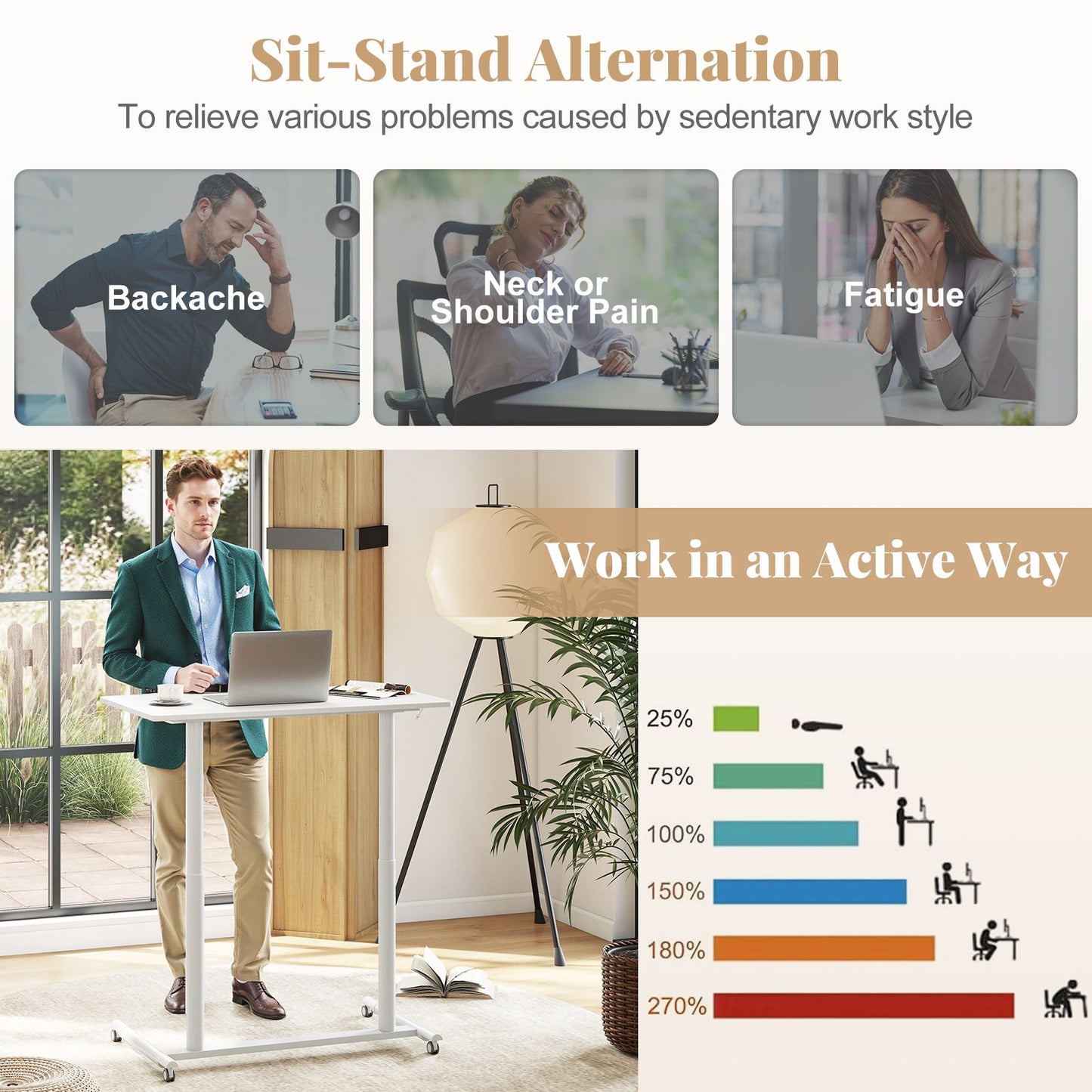 C-Shaped Mobile Standing Desk with Adjustable Height and Lockable Wheels