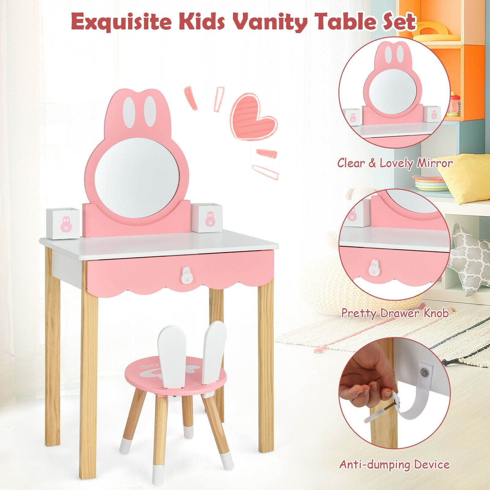 Kids Vanity Table and Chair Pretend Play with Mirror and Drawers