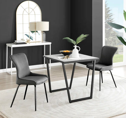 Industrial Design White & Grey Marble Effect Melamine Dining Table and 2 Velvet Dining Chairs