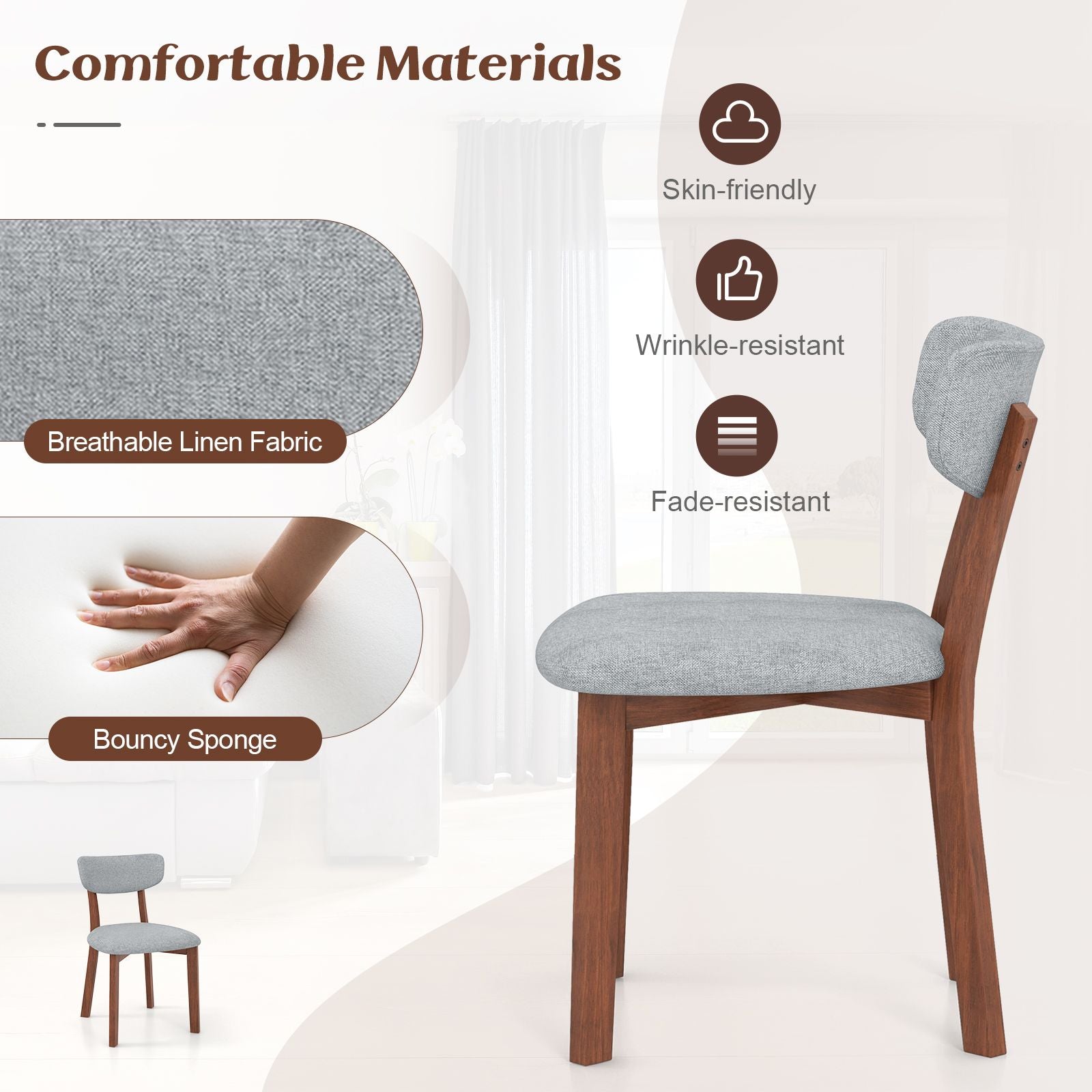 Upholstered Mid-Back Chairs with Solid Rubber Wood Frame