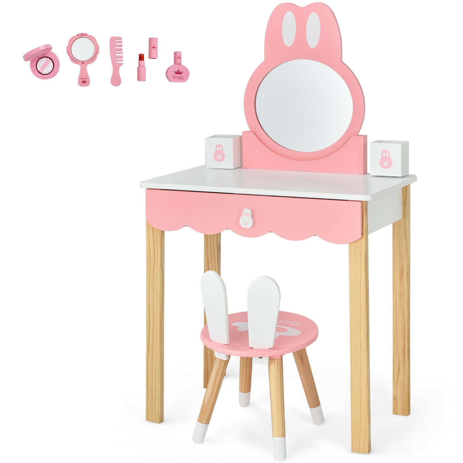 Kids Vanity Table and Chair Pretend Play with Mirror and Drawers