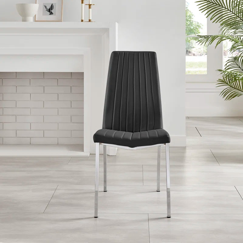 Faux Leather Modern Tall Back Dining Chairs with Chrome Metal Legs & Vertical Stitching