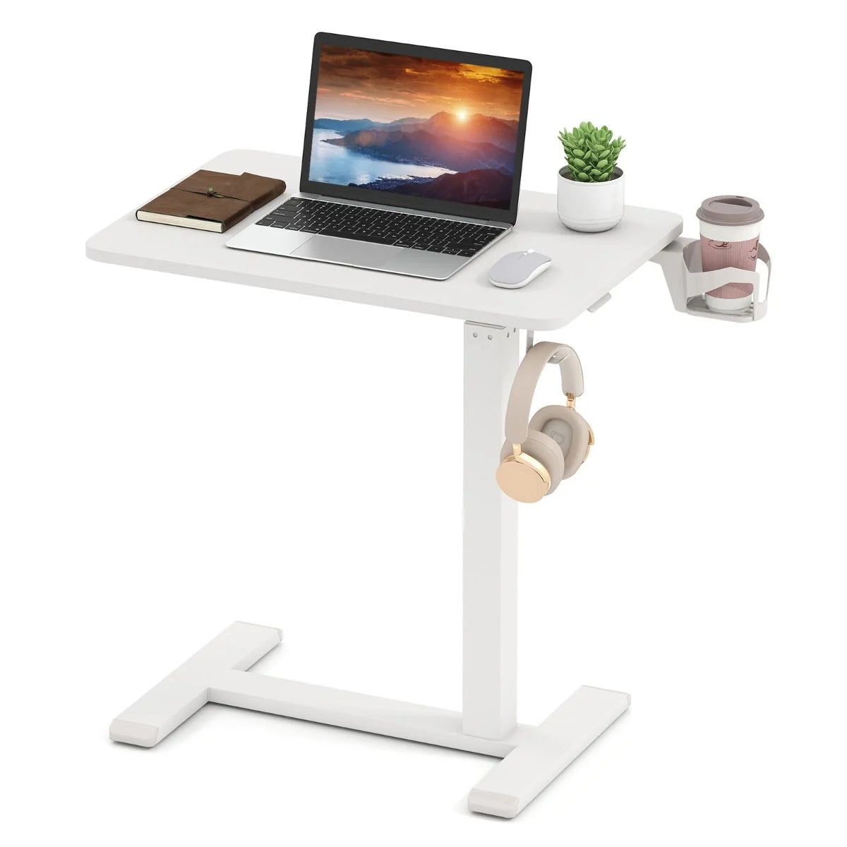 Height Adjustable Overbed Bedside Table with Cup Holder and Headphone Hook