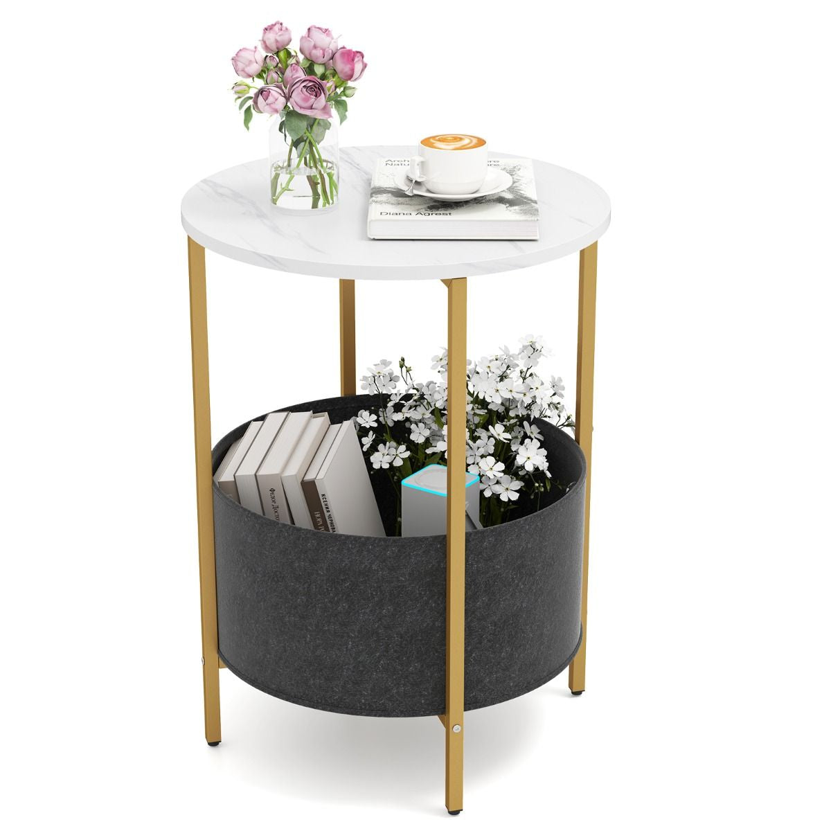 Round End Table for Small Space with Removable Fabric Basket and Metal Frame