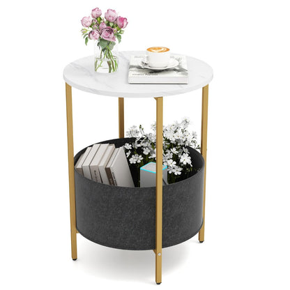 Round End Table for Small Space with Removable Fabric Basket and Metal Frame