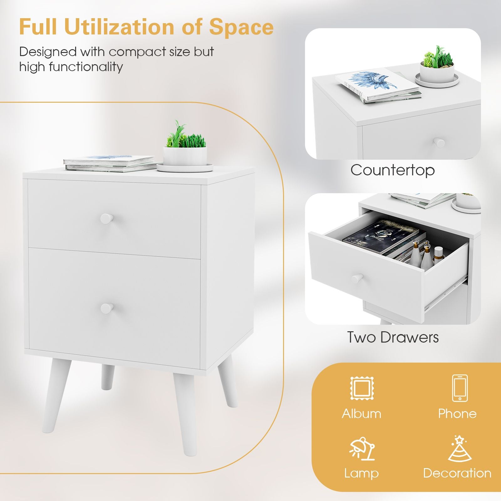 2-Drawer Nightstand with Solid Rubber Wood Legs and Large Storage Space