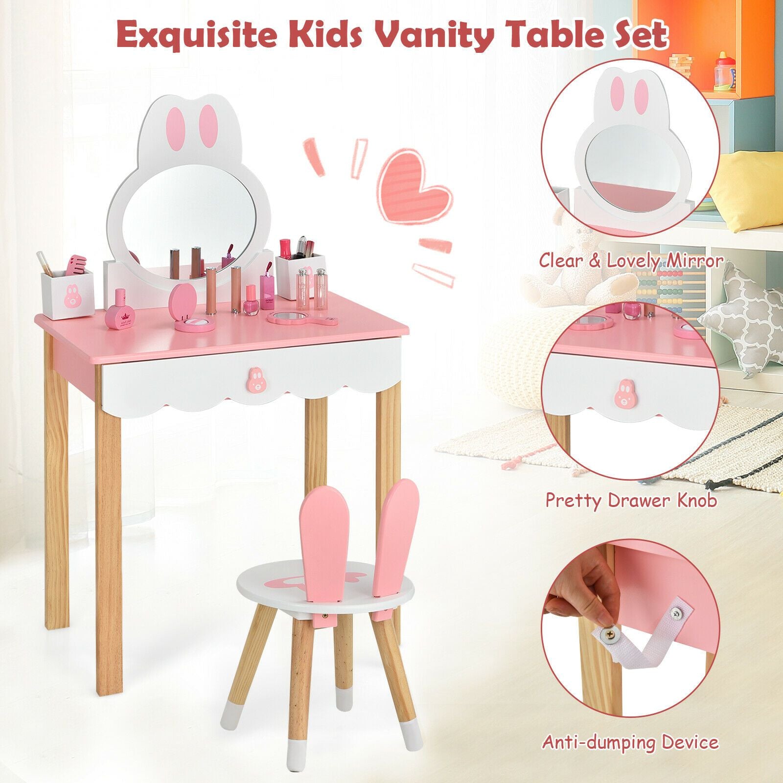 Kids Vanity Table and Chair Pretend Play with Mirror and Drawers