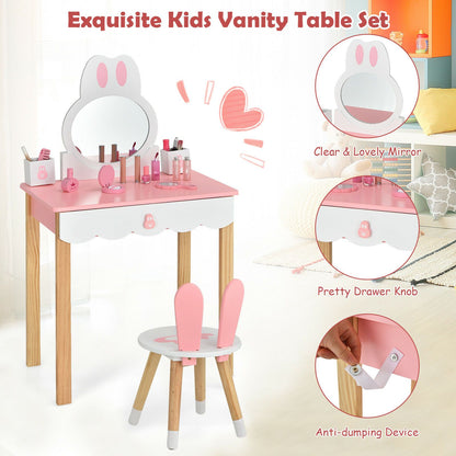 Kids Vanity Table and Chair Pretend Play with Mirror and Drawers