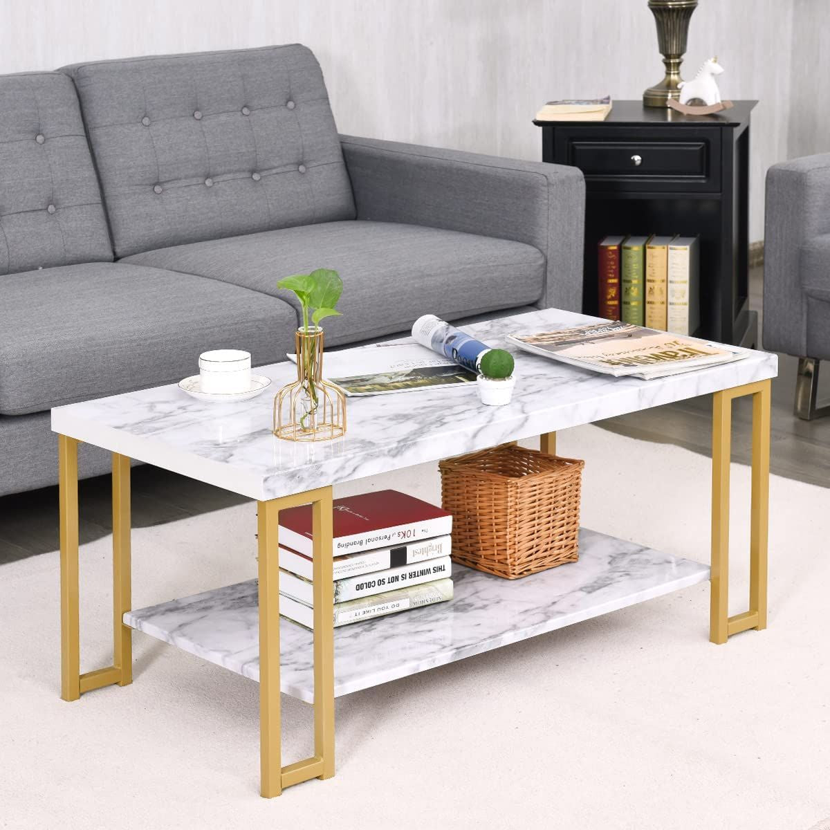 2-Tier Marble Print Coffee Table with MDF Top and Gold Print Metal Frame